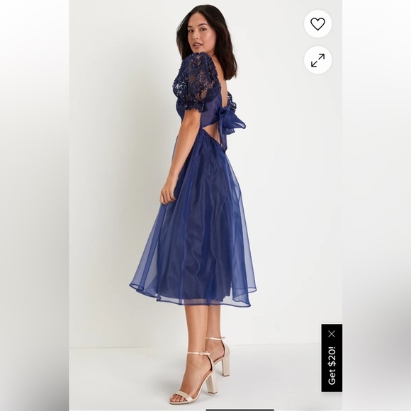 Lulus Significant Splendor Navy Organza Pleated Puff Sleeve Midi Dress size S - Picture 3 of 8